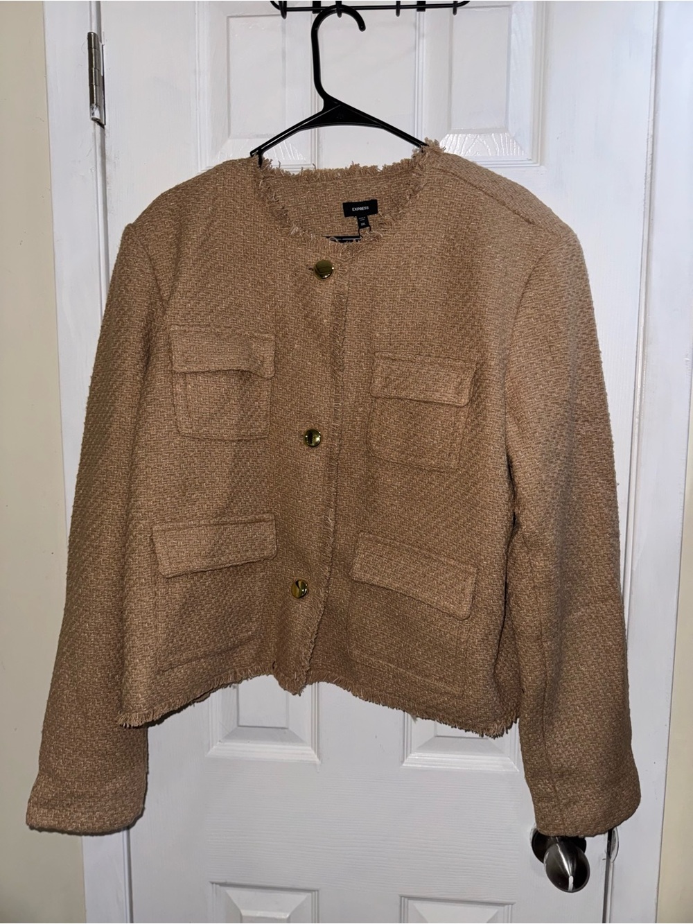 Express Women’s Tweed Fringe Jacket Tan Gold Button XXL Nwt